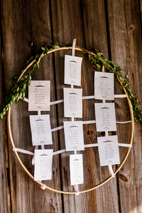 Wooden Embroidery Hoops and Fresh Greenery Make for a Darling Seating Chart Display at This Pumpin Inspired Fall Farm Wedding
