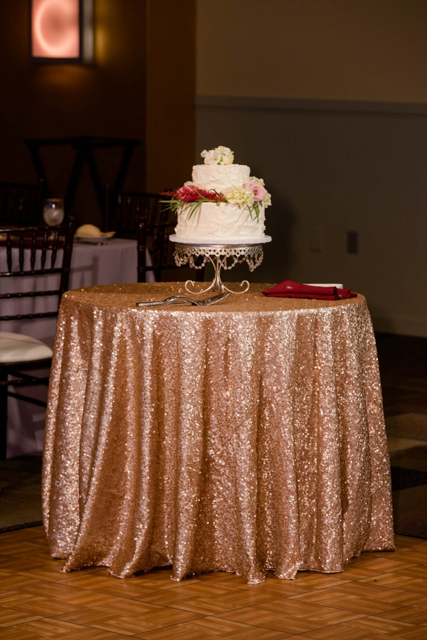 A Dainty Two Tier Cake ATop a Gold Sequin Linen was a Sweet Ending at This Rich Marsala & Blush Pittsburgh Wedding