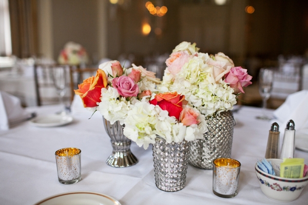 Trio Floral Centerpieces Pink Peach Roses Ivory Hydrangeas Mercury Glass Votive Holders Bright Classic Tablescape