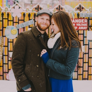 Modern Urban Art Gallery Backdrop Snowy Colorful Engagement Session