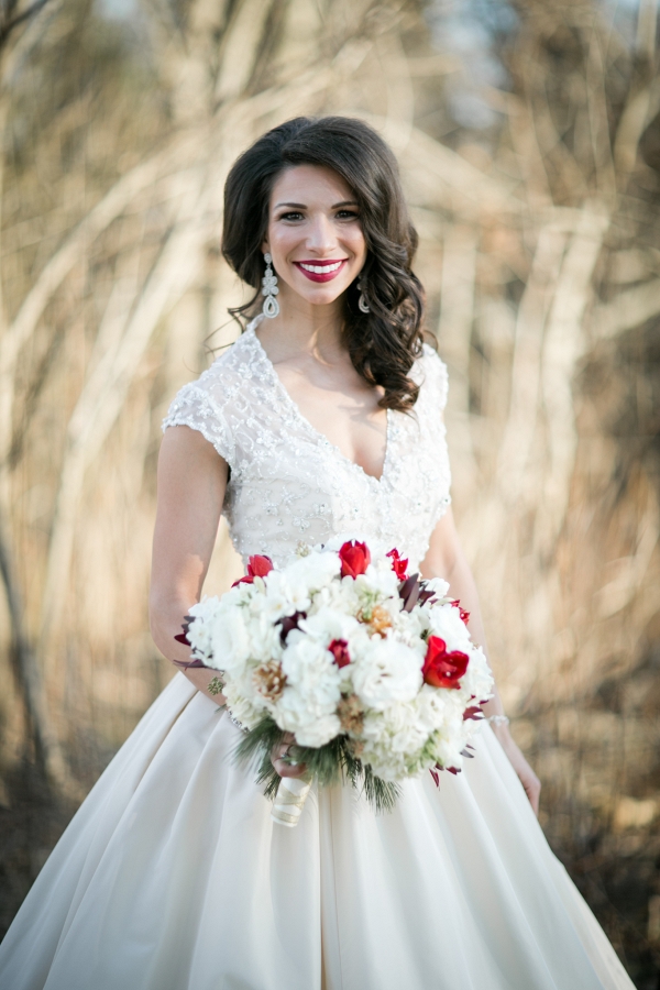 Bride Stunning Beaded Hayley Paige Wedding Dress Statement Earrings Red White Bouquet Sparkly Christmas Wedding