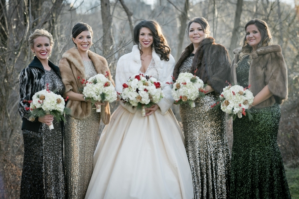 Mismatched Sequin Bridesmaids Dresses Faux Fur Stoles Winter Sparkly Christmas Wedding