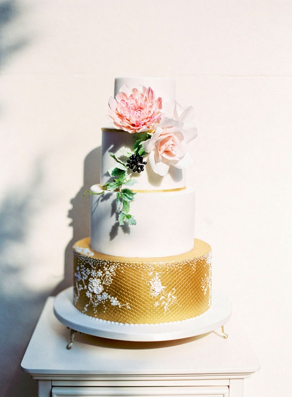 Blush and gold wedding cake on Burnett's Boards