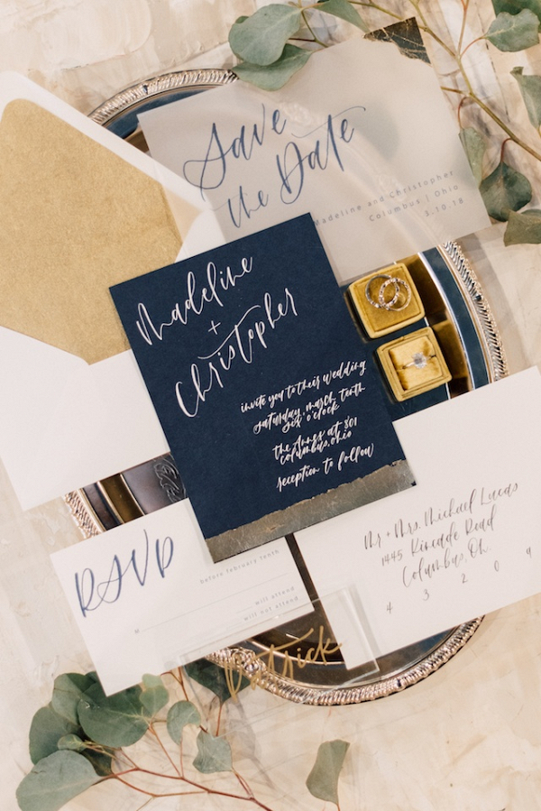 Blue and gold wedding invitations