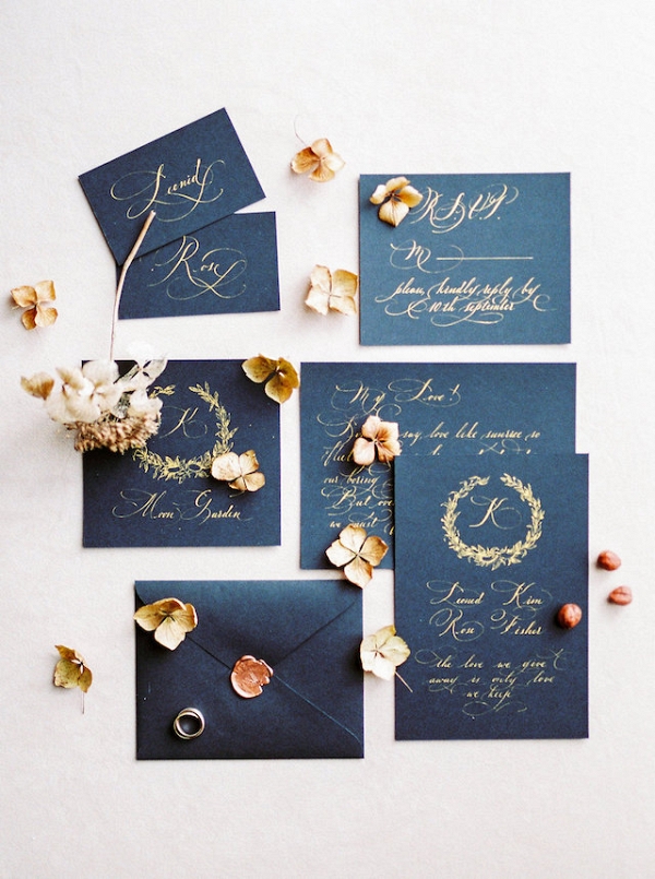 Black Wedding Invite with Gold Calligraphy 