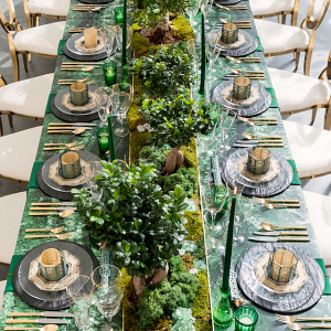 Luxe green and gold tablescape
