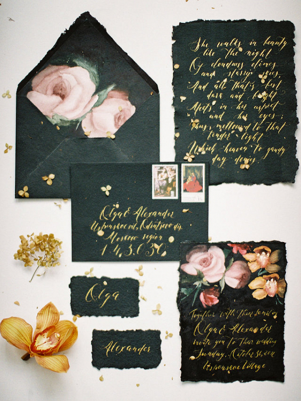 Black calligraphy invitation suite