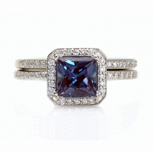 Alexandrite Halo Engagement Ring & Matching Diamond Wedding Band Set