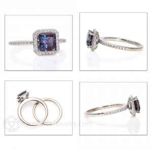Alexandrite Halo Engagement Ring & Matching Diamond Wedding Band Set