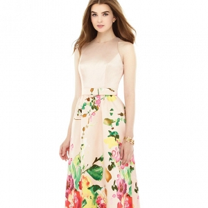 Alfred Sung Watercolor Floral Print A-Line Gown