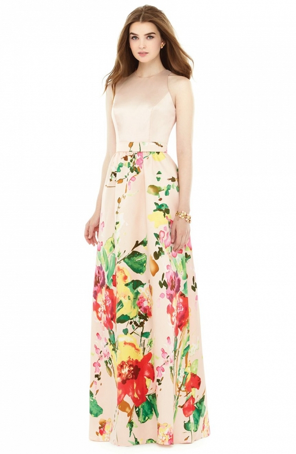 Alfred Sung Watercolor Floral Print A-Line Gown