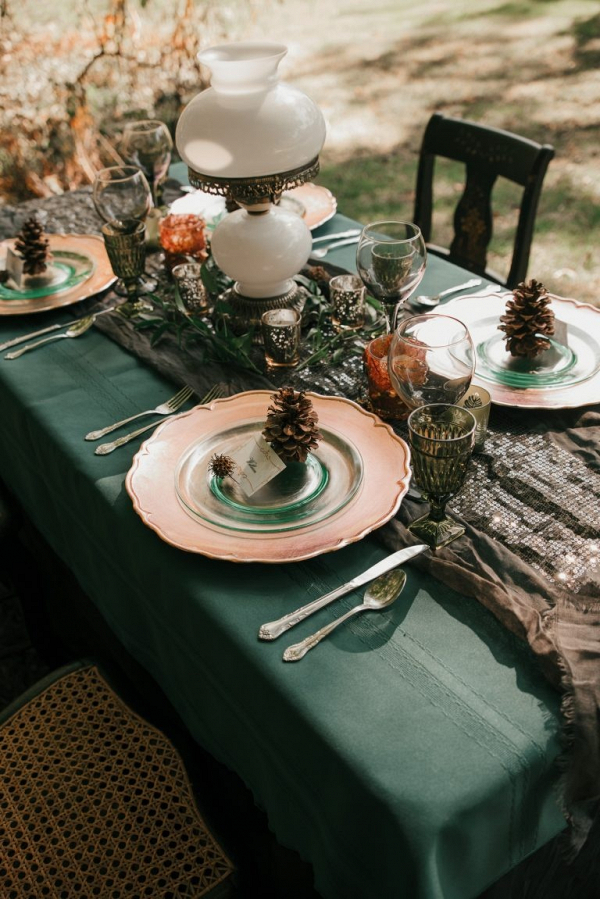 Fall vintage wedding tablescape with pinecone place settings