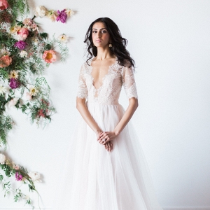 'Azalea' Blush Long Sleeve Wedding Dress