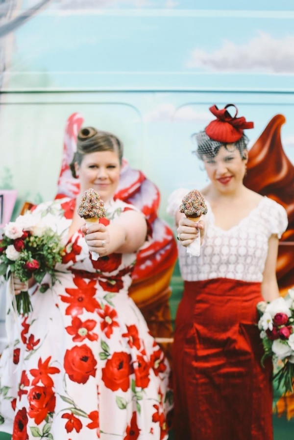 Vintage inspired bride & bridesmaid with icecreams