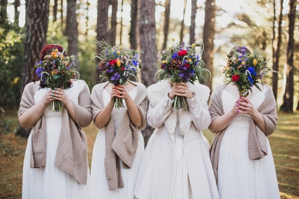 Winter Bridesmaids with Bright Foraged Bouquets