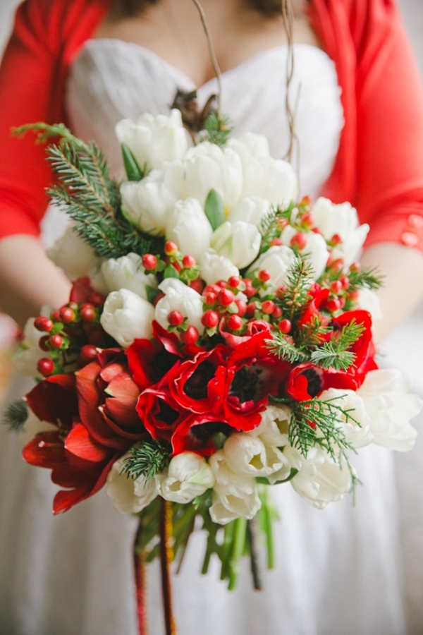 Holiday Wedding Bridal Bouquet in Red, White & Green