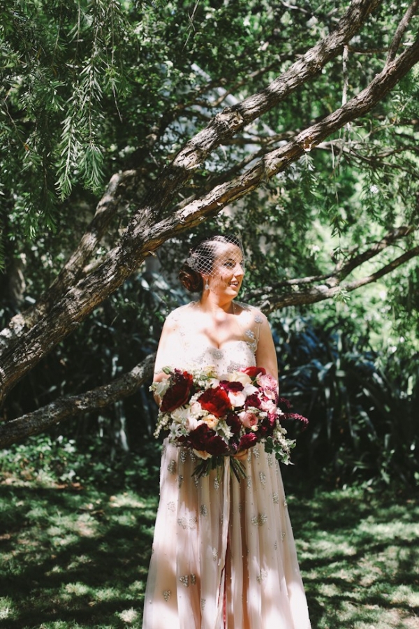Blush Wedding Dress and Burgundy & Blush Bridal Bouquet. Photography - Lara Hotz