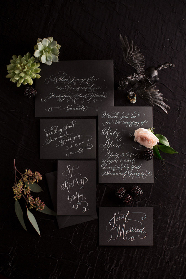 Gothic Black Wedding Stationery with White Calligraphy