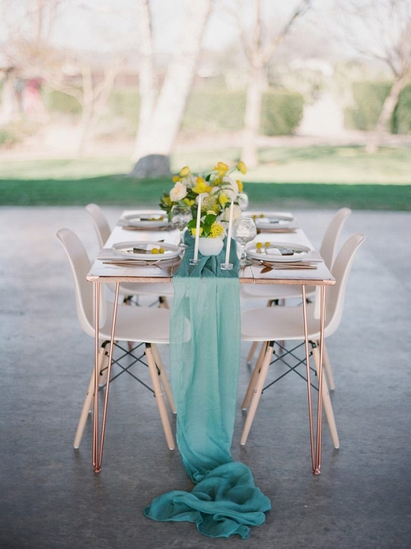 Teal and yellow retro wedding tablescape