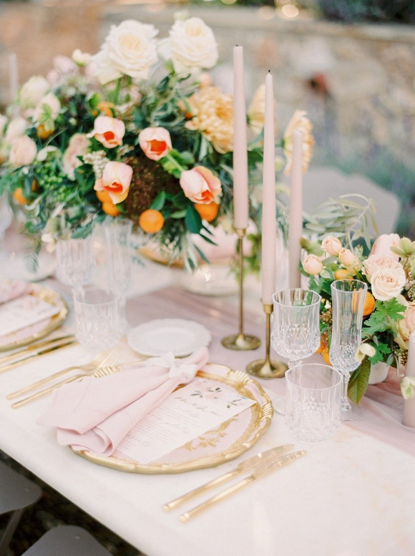 Blush and orange garden wedding tablescape