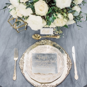 Silver and blue place setting on Chic Vintage Brides