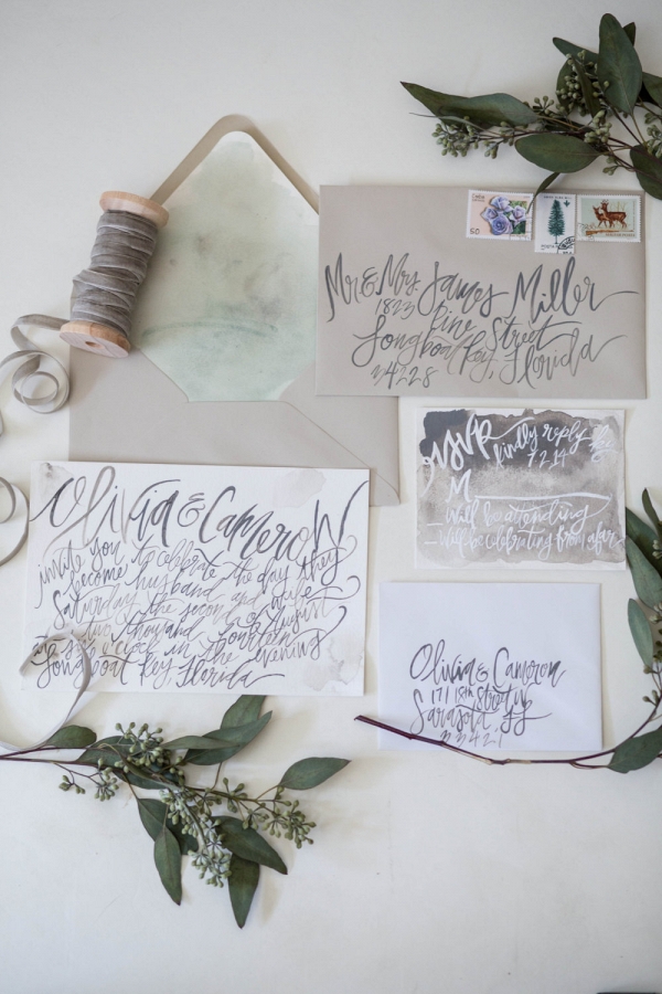 Organic Watercolor Calligraphy Wedding Invitation Suite