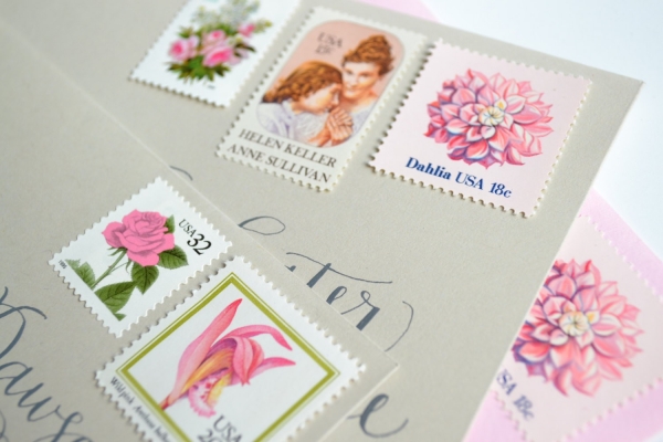 Vintage Pink Floral Wedding Postage Stamp Suite