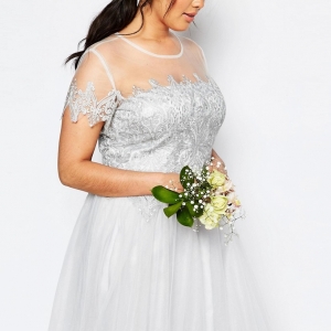 Plus Size Tulle and Lace Midi Bridesmaid Dress in Silver Gray