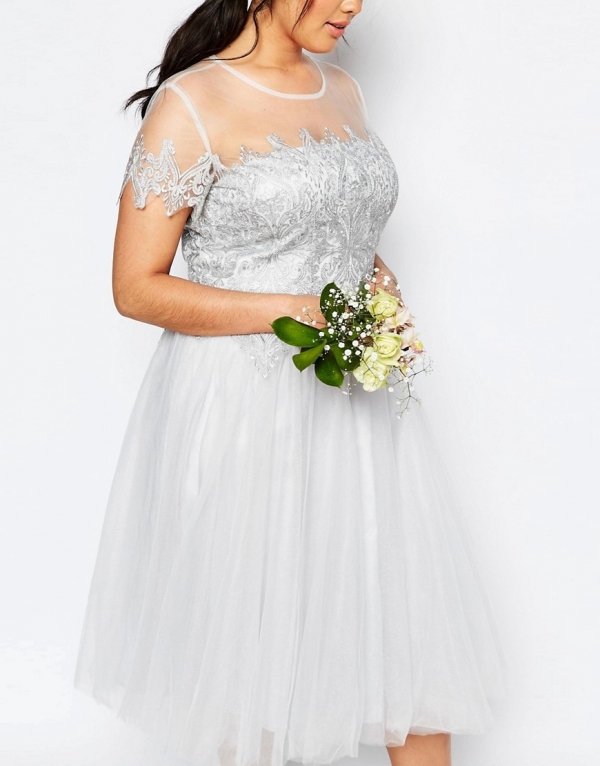 Plus Size Tulle and Lace Midi Bridesmaid Dress in Silver Gray