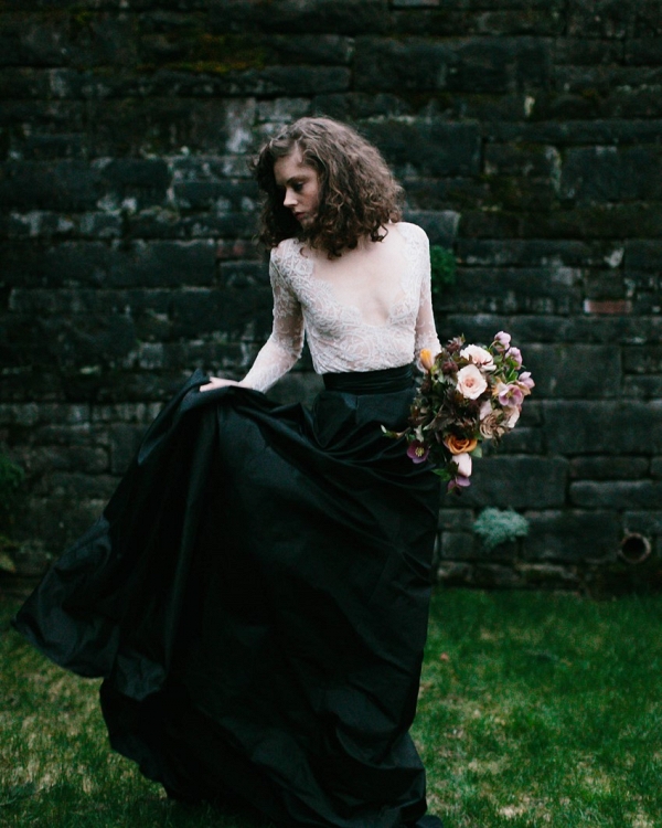 Romantic Lace and Black Silk Wedding Dress