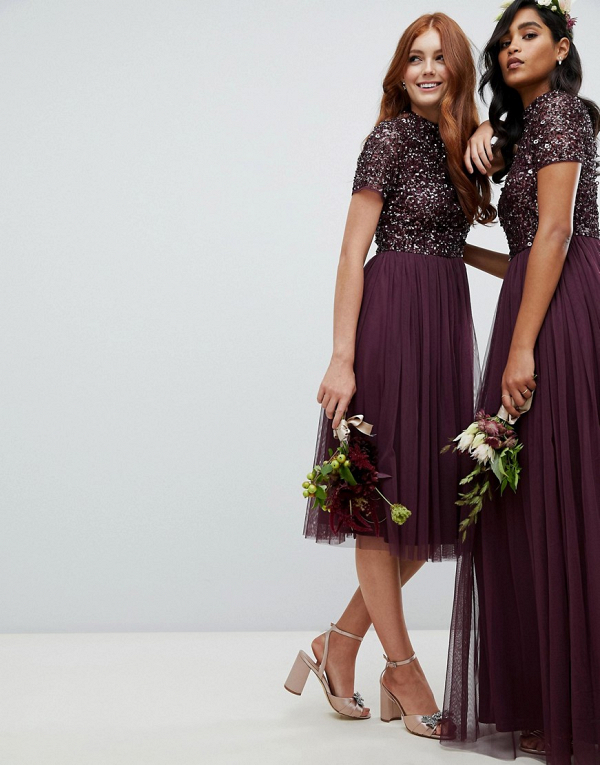 Sequin & Tulle Midi Bridesmaid Dress