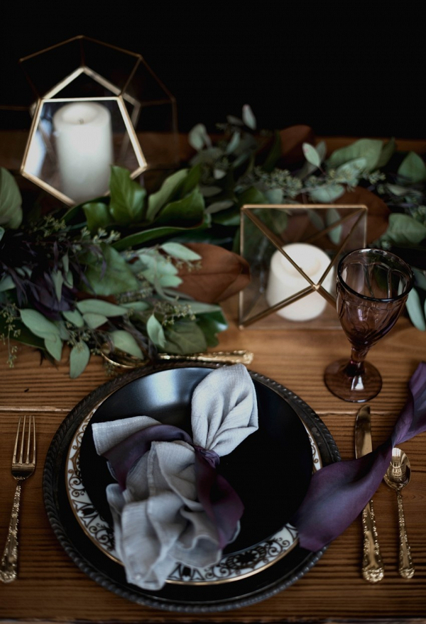 Purple and green wedding place setting
