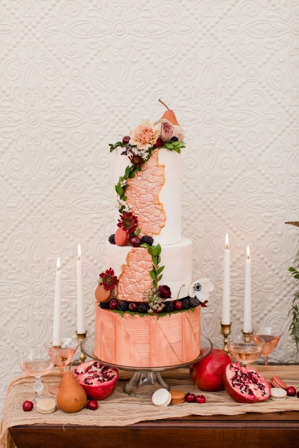 Modern textured rose gold wedding cake