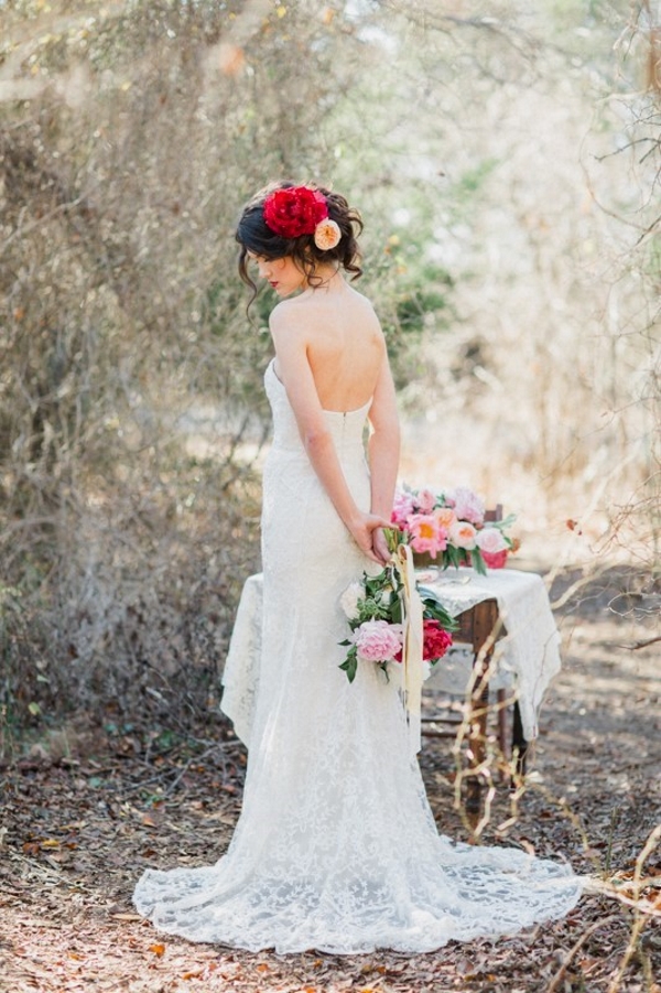 Romantic Lace Wedding Dress and Peony Bridal Hair Adornment