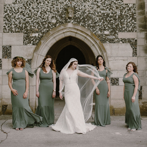 Bridesmaids in long sage gowns