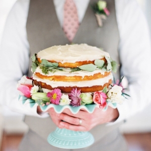 Flower Decorated Naked Wedding Cake on a Mint Cake Stand // Photography - Shannon Duggan Photography