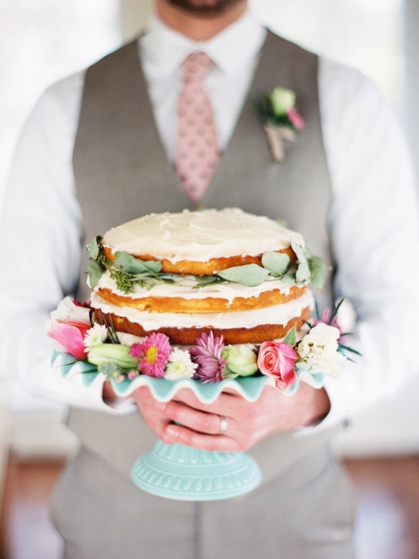 Flower Decorated Naked Wedding Cake on a Mint Cake Stand // Photography - Shannon Duggan Photography