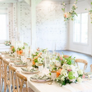 Peach and white farmhouse wedding table