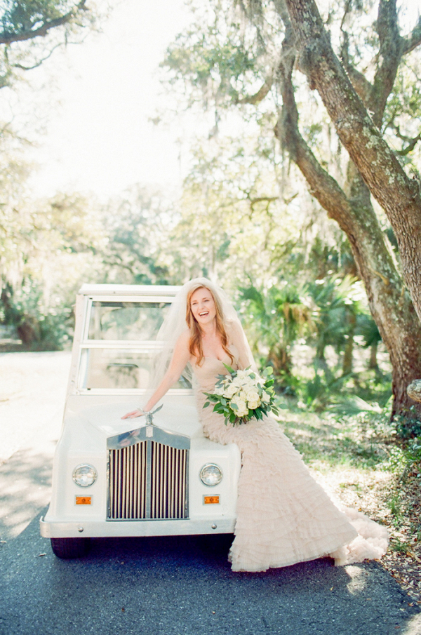 Blush Wedding Gown And Golf Cart