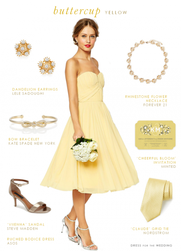 Strapless yellow dress with accessories for a bridesmaid