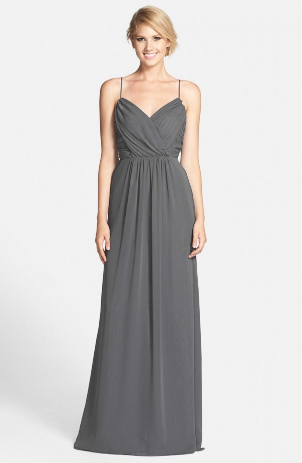 Surplice wrap formal length gray bridesmaid dress