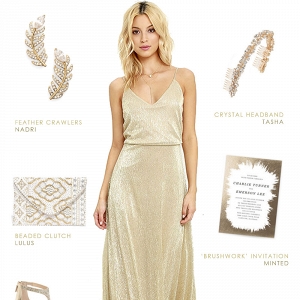 Bridesmaid style idea featuring a gold maxi dress
