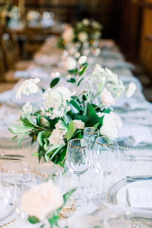 Green, white, and silver wedding table