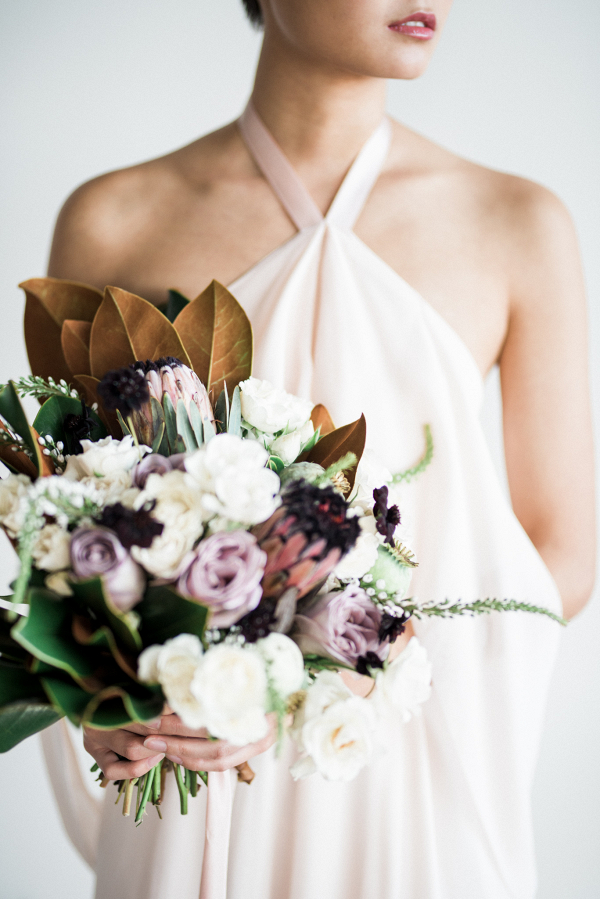 Mauve and Ivory Bouquet with Magnolia Leaves