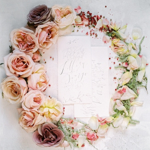 Calligraphy paper goods with floral wreath