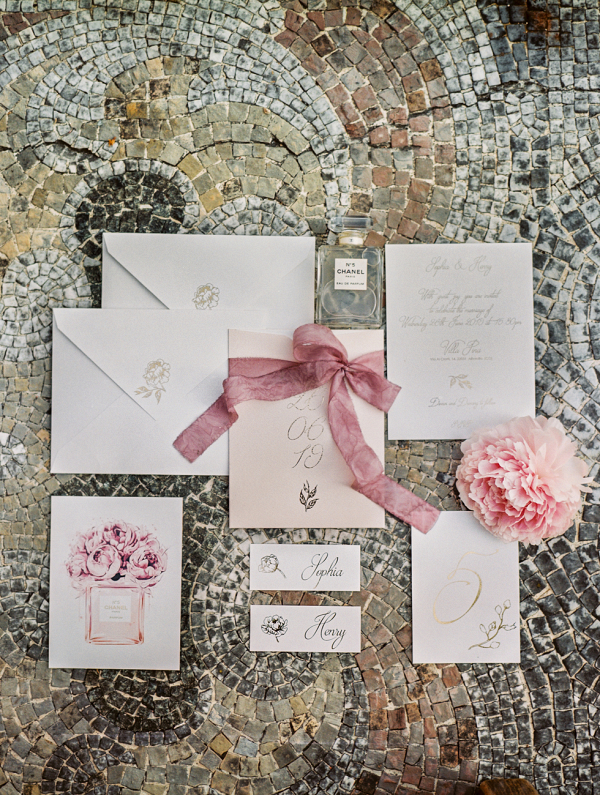 White and pink wedding invitations