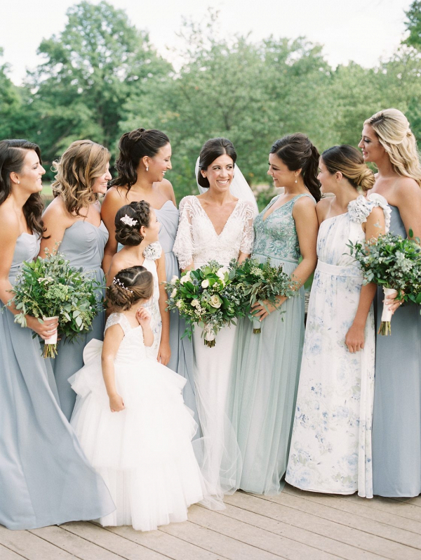Mismatched light blue bridesmaid dresses