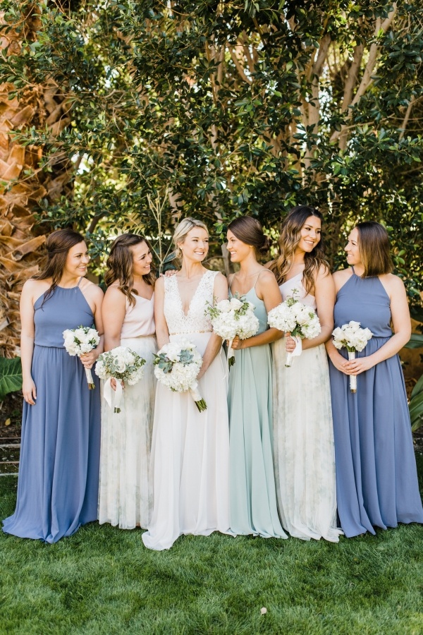Mismatched blue and mint bridesmaid dresses