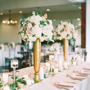 Tall peach and gold wedding centerpieces