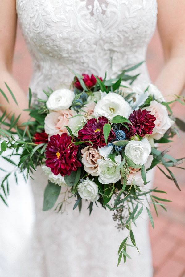 Classic red, white, and blush bridal bouquet